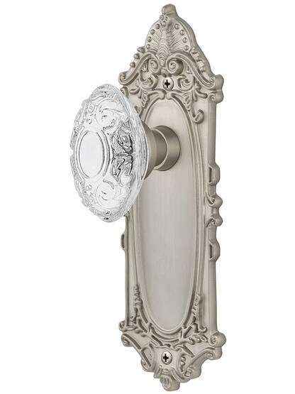 Victorian Door Set with Matching Crystal-Glass Knobs Single Dummy in Satin Nickel.